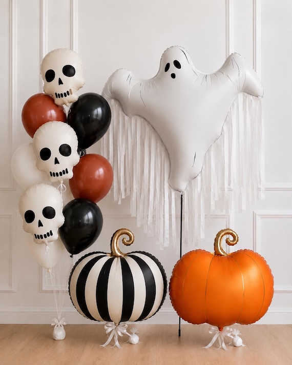 Halloween Balloon Set, Ghost Skull Pumpkin Balloons, Black Orange White Party Decor, Spooky Balloon Bouquet