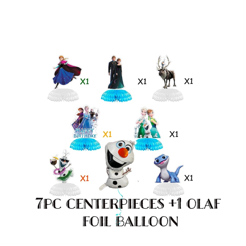 May include: Frozen themed party decorations with 7 centerpieces featuring characters from the movie, including Elsa, Anna, Olaf, Kristoff, Sven, and a Happy Birthday banner.  One large Olaf foil balloon is also included.