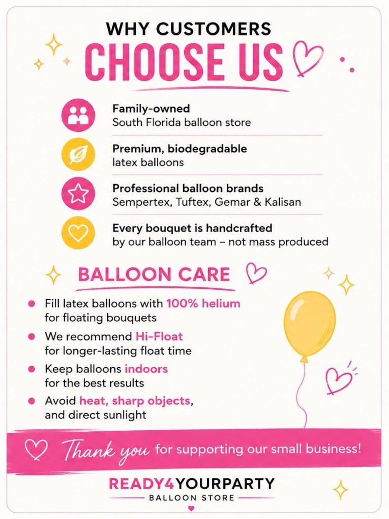 May include: An informational graphic titled WHY CUSTOMERS CHOOSE US and BALLOON CARE. It lists features like family-owned, premium biodegradable latex balloons, professional brands, and handcrafted bouquets. It includes care tips for helium and storage.