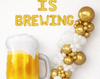A Baby Is Brewing Balloon Garland | Beer Mug Baby Shower Decor | White & Gold Party Balloons