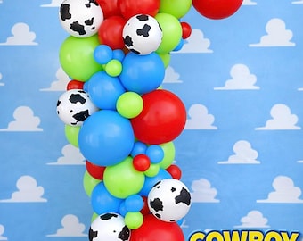 Guirlande de ballons cow-boy - Guirlande de ballons à imprimé vache - Déco de fête d'anniversaire western pour enfants - Arche de ballons rouge bleu citron vert
