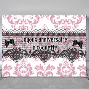 festa di compleanno dell'era della coquette, decorazioni in pizzo di Maria Antonietta, decorazioni con fiocchi, grazioso fondale nero/rosa 7 x 5 piedi pronto per la spedizione joyeux anniversaire