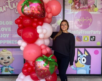 strawberry balloon garland, berry first birthday theme, summer decor, babyshower