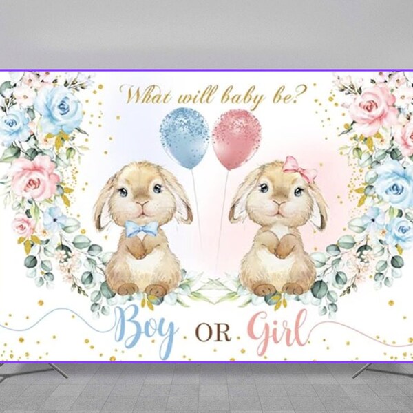 7X5FT gender reveal babyshower, he or she cute bunny backdrop ready to ship/ easter theme / flowers