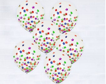 15pc confetti balloons cute for party decoration, girls princess, star confetti theme , rainbow unicor party , clear balloons multicolor