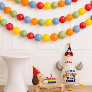 May include: A balloon garland featuring red, yellow, orange, green, and blue spheres. Below, a dachshund balloon wears a red party hat and carries a rainbow cake, with the text Happy Birthday. A goose balloon wears a party hat and red bowtie.
