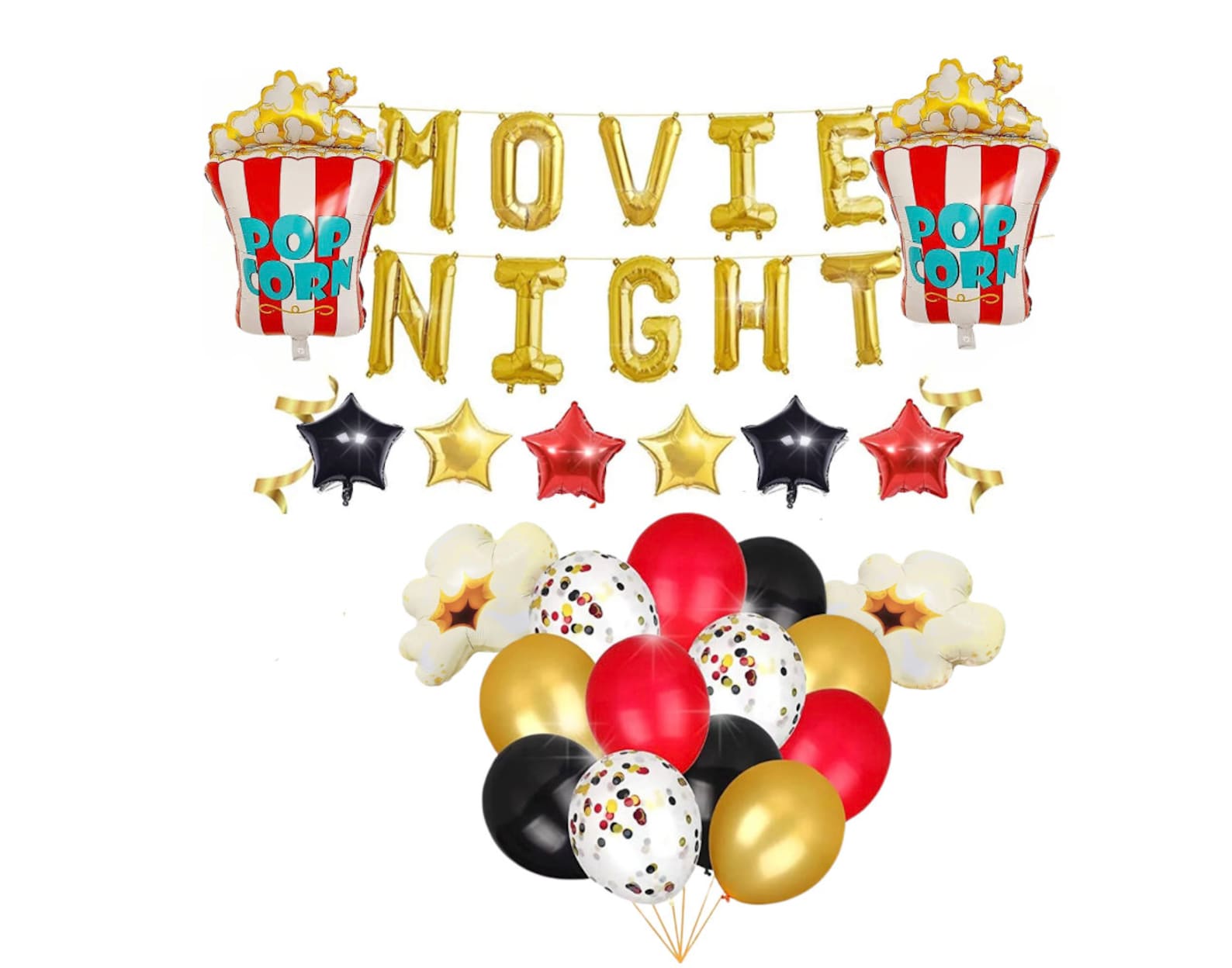 a movie night balloon decoration for party camera action popcorn party  gold red black  stars decor