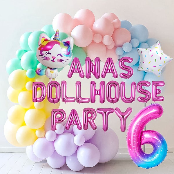 Girl dollhouse balloon decoration , birthday celebration party theme, balloon cats bundle, cute balloons, tableware , sprinkles party
