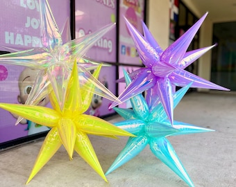 Large exploding starburst iridescent white, purple, yellow, blue Holographic , party decor Laser pearl 40in