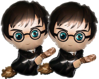 May include: Two foil balloons of Harry Potter flying on a broomstick. The balloons are black and gold with a cartoon image of Harry Potter wearing glasses and a black robe.
