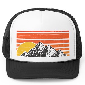 Retro Mountain and Sun Trucker Hat; retro style trucker hat; mountain trucker hat; sunset trucker hat, hiking trucker hat, gift for guy