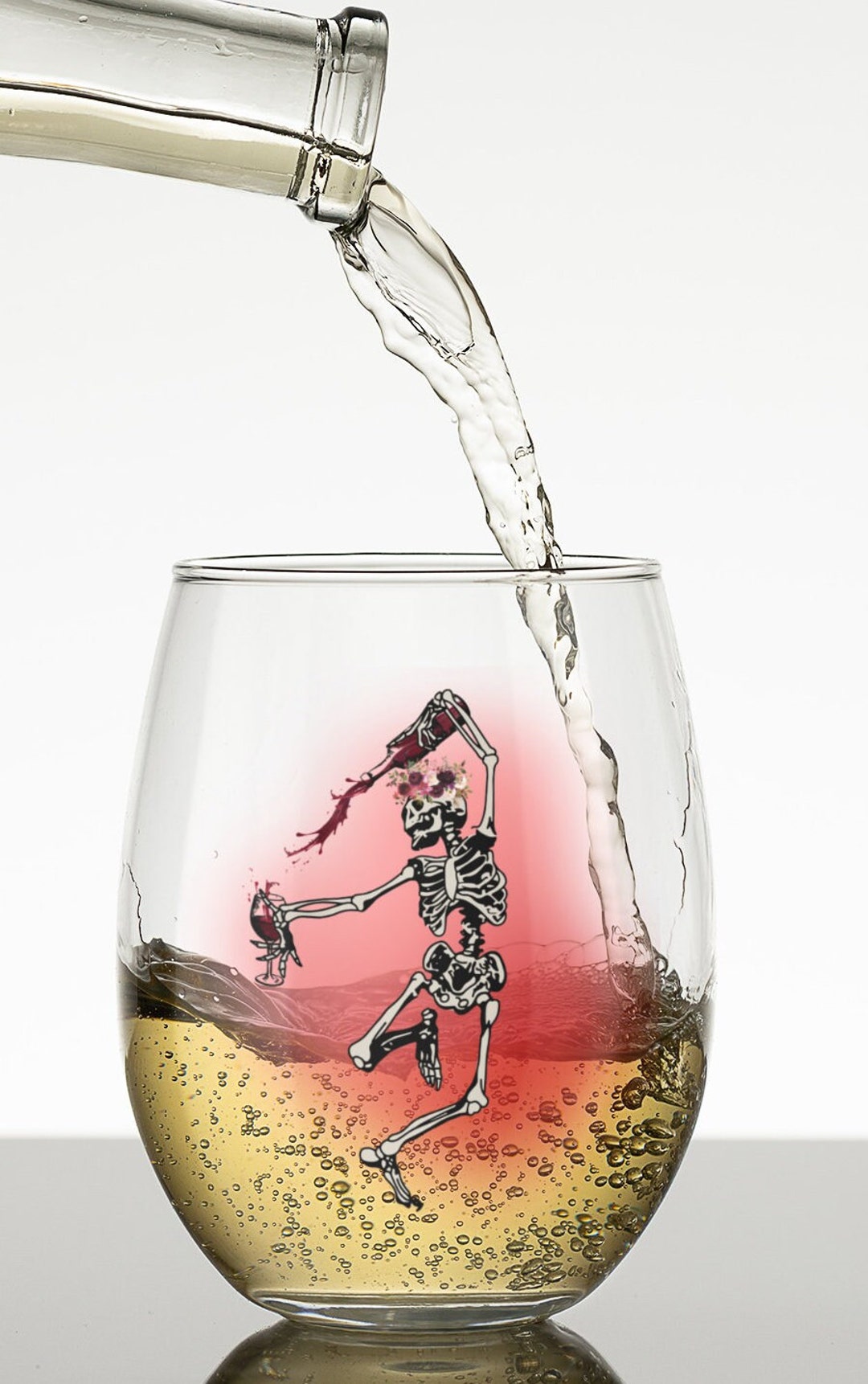 Dancing Skeleton Pouring Red Wine Stemless Wine Glass, 11.75oz, Funny