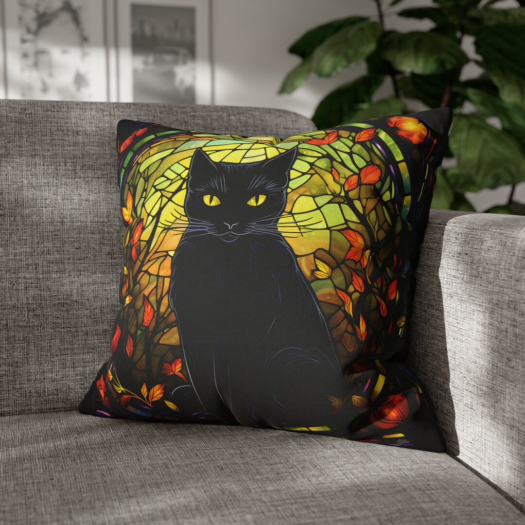Black Cat Stained Glass Halloween Spun Polyester Square Pillow Case