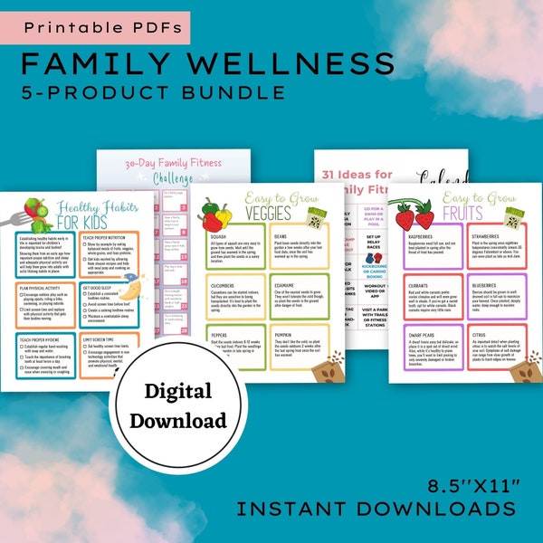 Family Wellness Bundle | 5 Printables to Promote Healthy Eating, Family Fitness, and Healthy Habits | Digital PDF Downloads | Print at Home!