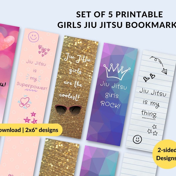 Set of 5 Girls Jiu Jitsu Printable Bookmarks | Instant Download | PDF of 5 Printable 2-sided Bookmark Designs | Fun Girls Bookmark Favors