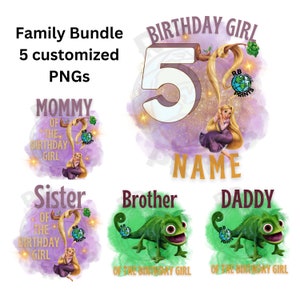 Paquete de cumpleaños familiar. Camiseta de cumpleaños de princesas de Disney, camiseta de princesa personalizada, chica de Disney. Princesa con pelo largo. Enredado inspirado PNG