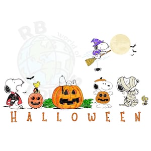 Puede incluir: Ilustración de Halloween con Snoopy y sus amigos disfrazados. Snoopy está representado como vampiro, bruja y momia. Otros personajes están sobre o dentro de calabazas talladas. La palabra "HALLOWEEN" está escrita en letras naranjas.