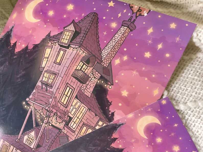 May include: A whimsical illustration of a crooked, multi-story house with a tall chimney, set against a purple night sky with twinkling stars and a crescent moon. The house has multiple windows and a balcony, and is lit with string lights.