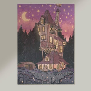 May include: A whimsical, crooked house with a red roof and glowing windows sits in a forest under a starry night sky. The house is lit with string lights and a crescent moon hangs in the sky.