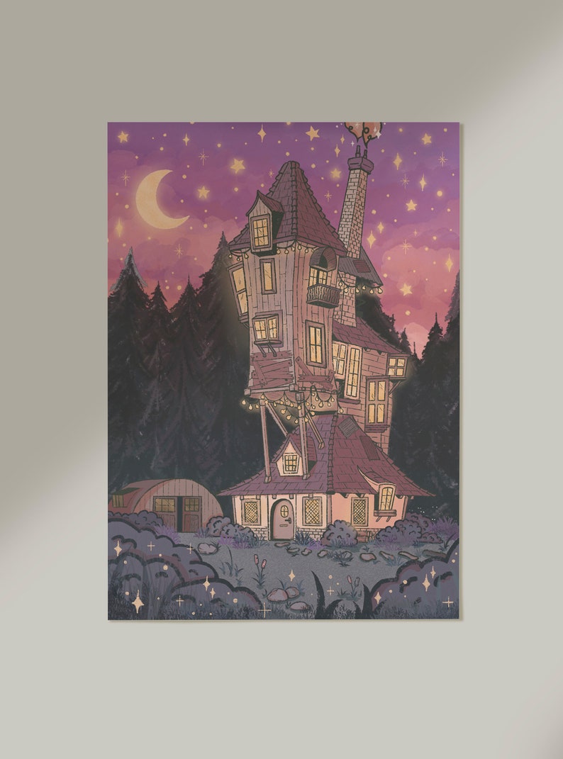 May include: A whimsical, crooked house with a red roof and glowing windows sits in a forest under a starry night sky. The house is lit with string lights and a crescent moon hangs in the sky.