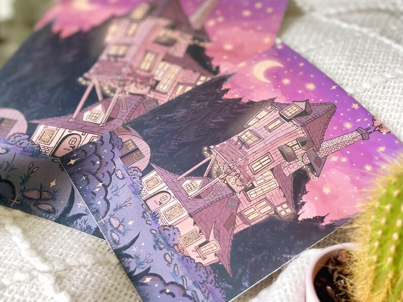 May include: A whimsical illustration of a multi-story house with a crescent moon and stars in the night sky. The house is surrounded by trees and bushes, and there are small details like windows and a chimney. The illustration is done in a soft purple and pink color palette.