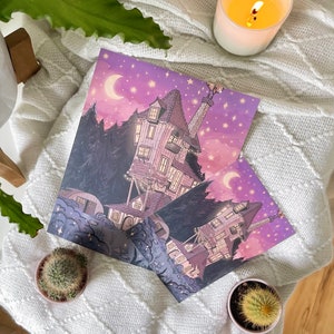May include: Two illustrations of a whimsical, tilted house with a tower, set against a purple sky with a crescent moon and stars. The house is surrounded by trees and clouds.