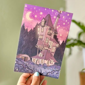 May include: A whimsical illustration of a crooked house with a purple and pink sky filled with stars. The house has a red roof and is surrounded by trees.