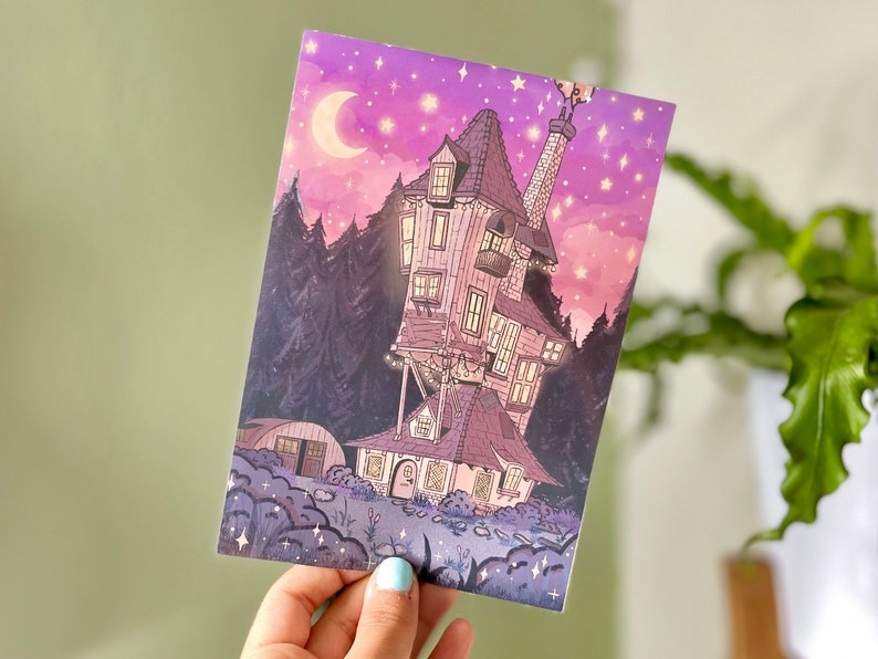 May include: A whimsical illustration of a crooked house with a purple and pink sky filled with stars. The house has a red roof and is surrounded by trees.