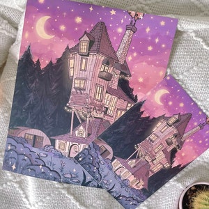 May include: A whimsical illustration of a house with a crooked chimney, surrounded by trees and a crescent moon. The house is lit up with warm yellow lights, and the sky is a vibrant purple with twinkling stars. The illustration is painted in a cartoon style with soft, pastel colors.