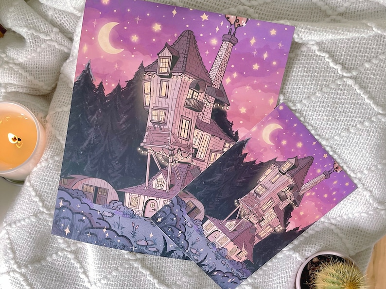 May include: A whimsical illustration of a house with a crooked chimney, surrounded by trees and a crescent moon. The house is lit up with warm yellow lights, and the sky is a vibrant purple with twinkling stars. The illustration is painted in a cartoon style with soft, pastel colors.