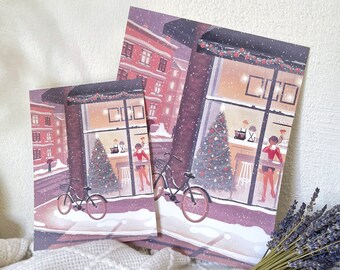 Winter in NYC Print | 5x7" - 8x10" Print, Cozy Coffee Shop Poster, Cozy Holiday Wall Decor, Christmas in New York Wall Art, Snowy City Night