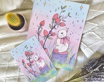 Schattige konijntjesprint | 5x7" - 8x10" Print, Gezellige Dierenposter, Kawaii Rabbit Wall Decor, Pastel Wall Art, Spring Core Strawberry Illustratie