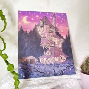 May include: A whimsical illustration of a crooked, multi-level house with a chimney, surrounded by trees and a crescent moon in a starry night sky.