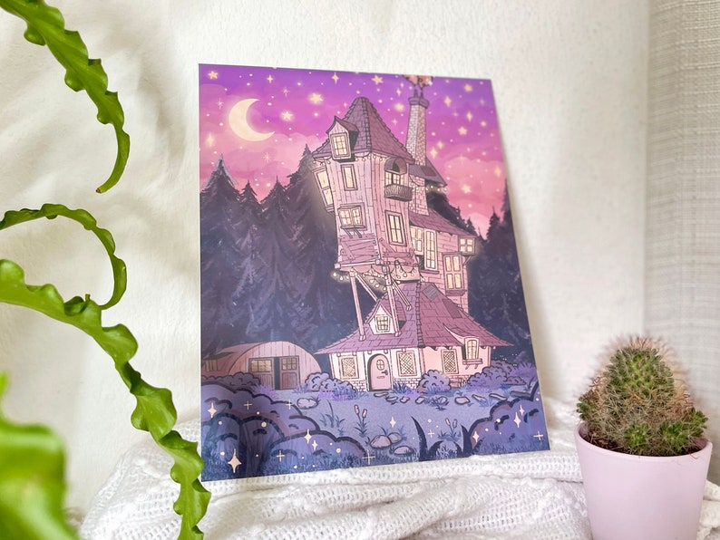 May include: A whimsical illustration of a crooked, multi-level house with a chimney, surrounded by trees and a crescent moon in a starry night sky.