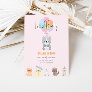 Cat Birthday Party Invitation | Editable Cat Birthday Invite | Kitten Party Invitation | Girls Party Invitations | Instant Download