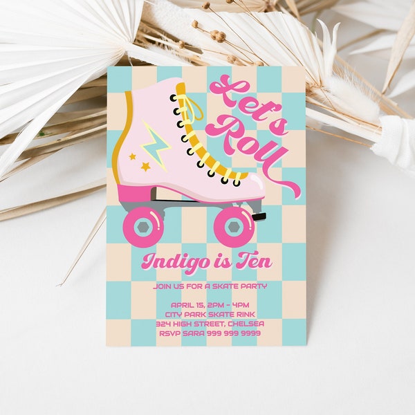 Roller Skating Party Invitation | Roller Skate Invite Template | Girls Skate Party | Let's Roll | Digital Instant Download | Any Age