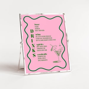 Menu editável de bebidas de bar para aniversário | Modelo de sinalização de carta de vinhos para coquetéis | Modelo de sinal de barra de onda moderna | Rosa e Verde