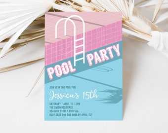 Teenage Pool Party Invitation | Pool Party Digital Invite for Teenagers | Editable Pool Party Invitations | Retro Pool Party