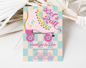 Roller Skating Party Invitation | Roller Skate Invite Template | Girls Skate Party | Let's Roll | Digital Instant Download | Any Age