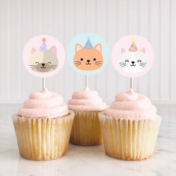 Cat Birthday Party Cupcake Toppers | Kitten Cupcake Decorations | Editable Template | Instant Download