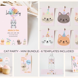 Cat Birthday Party Invitation Bundle | Editable Cat Invite and Decoration Template Bundle | Cute Kitten Party | Instant Download