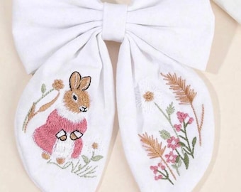 Hermoso lazo de conejo bordado para el cabello para niñas, adorable lazo de conejo de Pascua, accesorio para el cabello con lazo blanco grande.