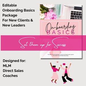 May include: Pink and white graphic with the text "Onboarding Basics" and "Set them up for Success". The graphic also includes a cartoon illustration of two people celebrating.