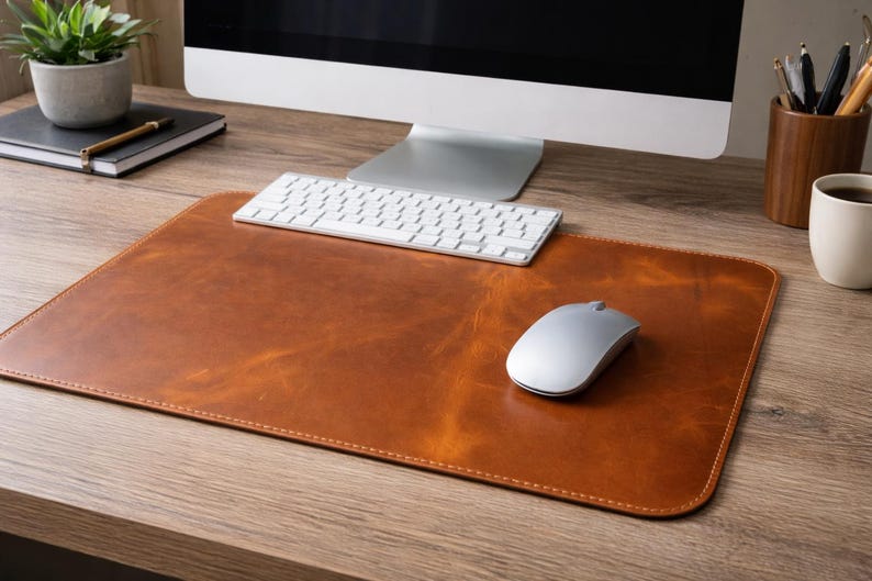 May include: A brown leather desk mat with a stitched border, a silver computer mouse, and a white keyboard. The desk mat is rectangular and sits on a wooden desk. A computer monitor is in the background.