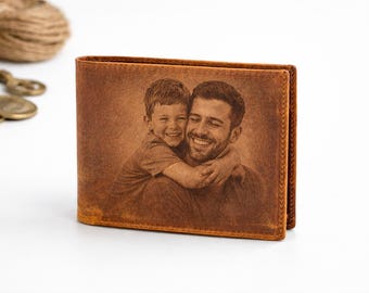 Personalized Leather Wallet for Men, Photo Engraved Wallet, Custom Bifold Slim Wallet, Minimalist Genuine Leather Wallet, Gift for Him