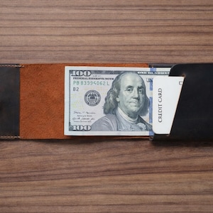 May include: A handmade leather wallet in shades of brown and black, open to display a one hundred dollar bill and a credit card. The wallet is on a wooden surface.