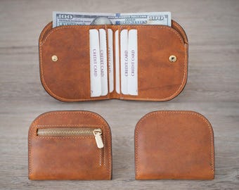 Genuine Leather Minimalist Wallet for Women, Slim Compact Card Holder with Zip Pocket, Small Elegant Everyday Wallet Gift for Her