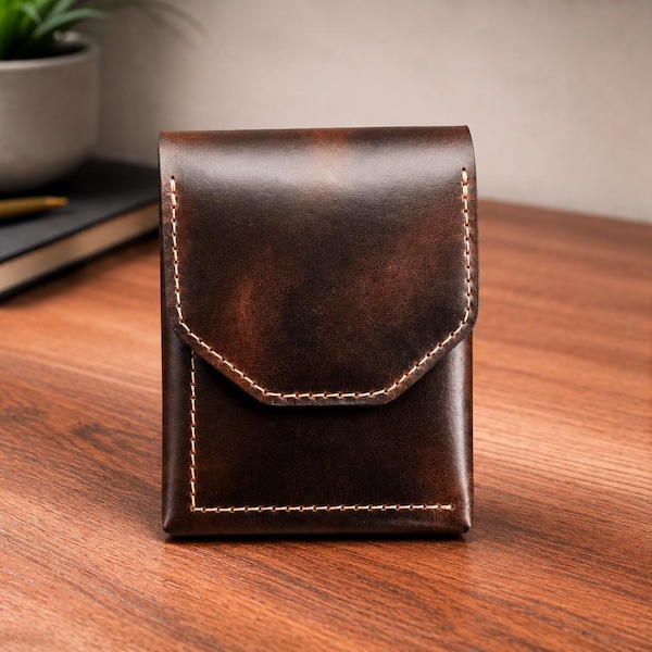 Portefeuille personnalisé en cuir pleine fleur pour homme, porte-cartes mince avec poche avant, portefeuille à rabat magnétique minimaliste fait main, cadeau pour lui