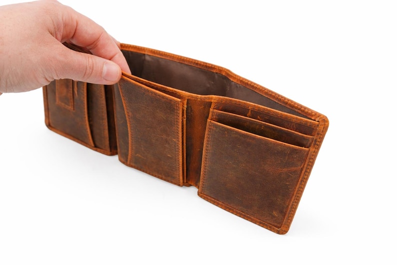 Personlig läderplånbok för män, graverad trippelviksplånbok, äkta läderplånbok för män, anpassad plånbok som present till honom, RFID-stil ID-fönster bild 13