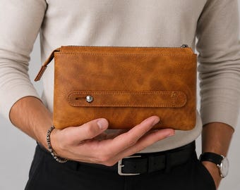 Genuine Leather Handbag, Leather Travel Clutch Bag, Leather Pouch, Toiletry Bag, Clutch Purse for Men and Women